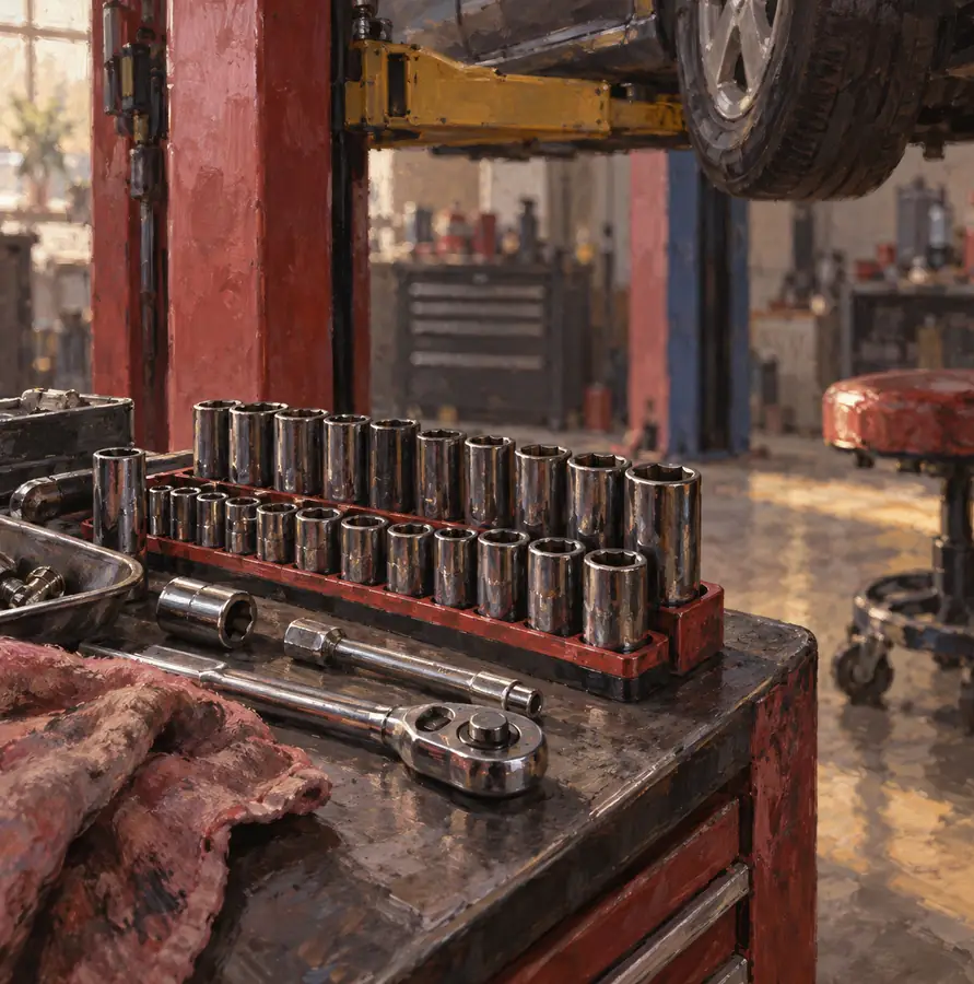 Illustration of auto repair shops equipment and workspace