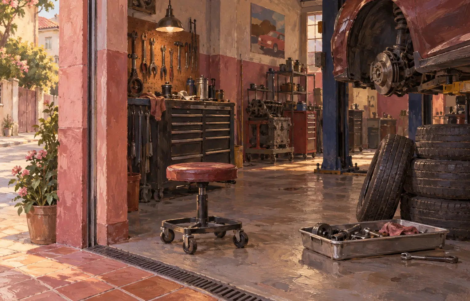 Illustration of auto repair shops and their working space