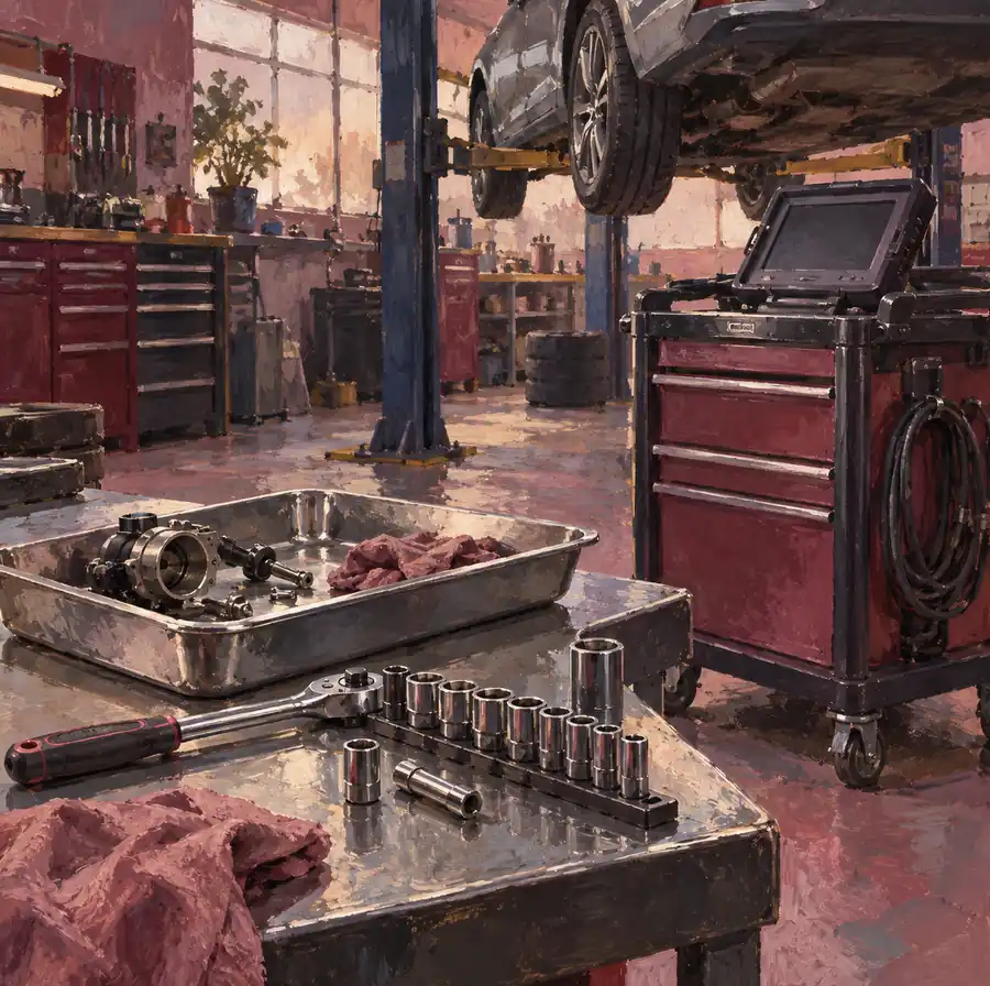 Illustration of auto repair shops equipment and workspace